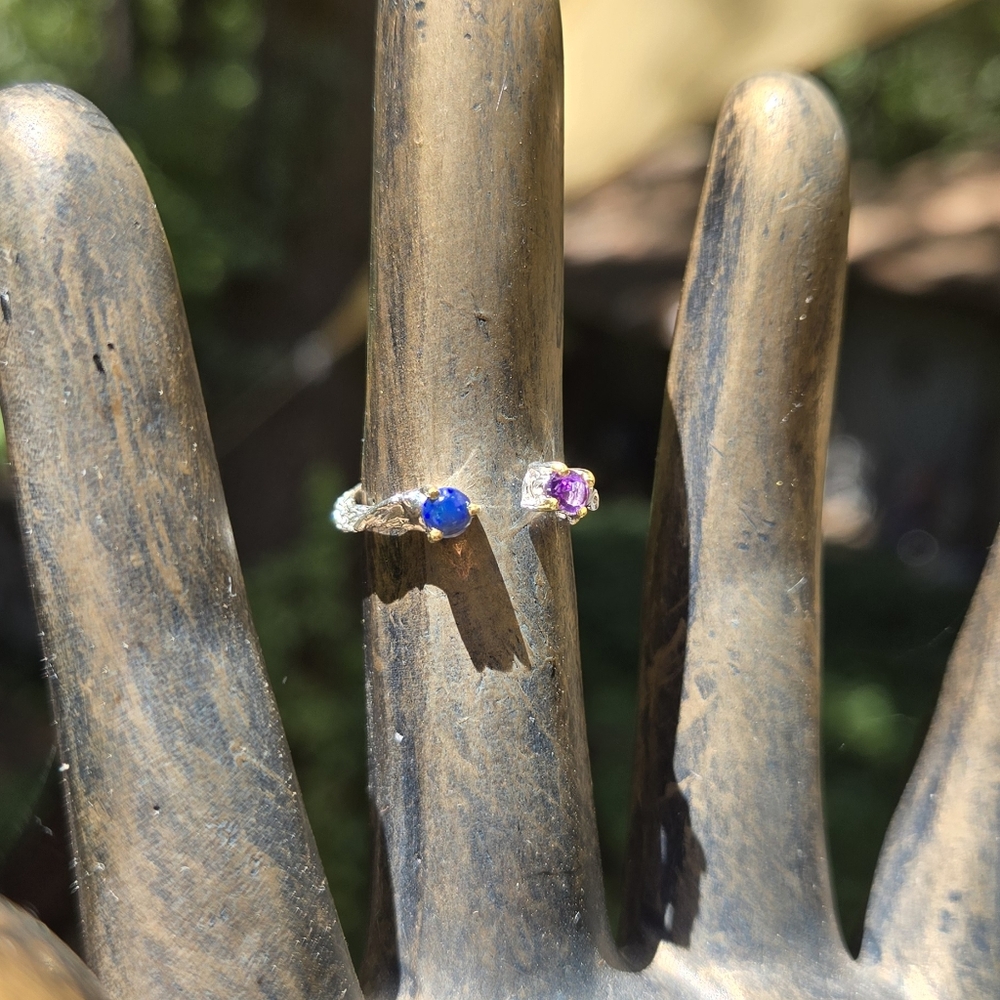 Opal & Amethyst Gemstone Sterling & Gold Ring Sz6 Adjustble - Picture 6 of 11